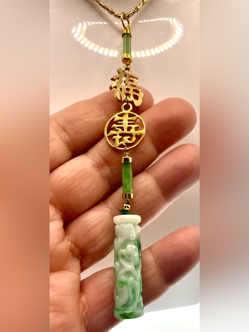 Vintage Chinese Jadeite Dragon Pendant Necklace Choker Fu Shou 24KGL Gold Tone